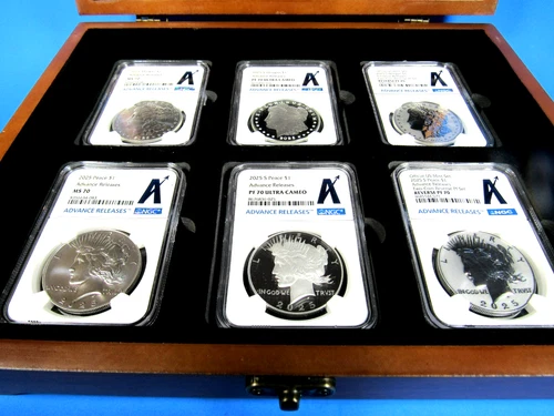 2025  S 6-Coin Set, Morgan/Peace Dollars  NGC Ms/Pf/Rev. Pf 70 Advanced Releases