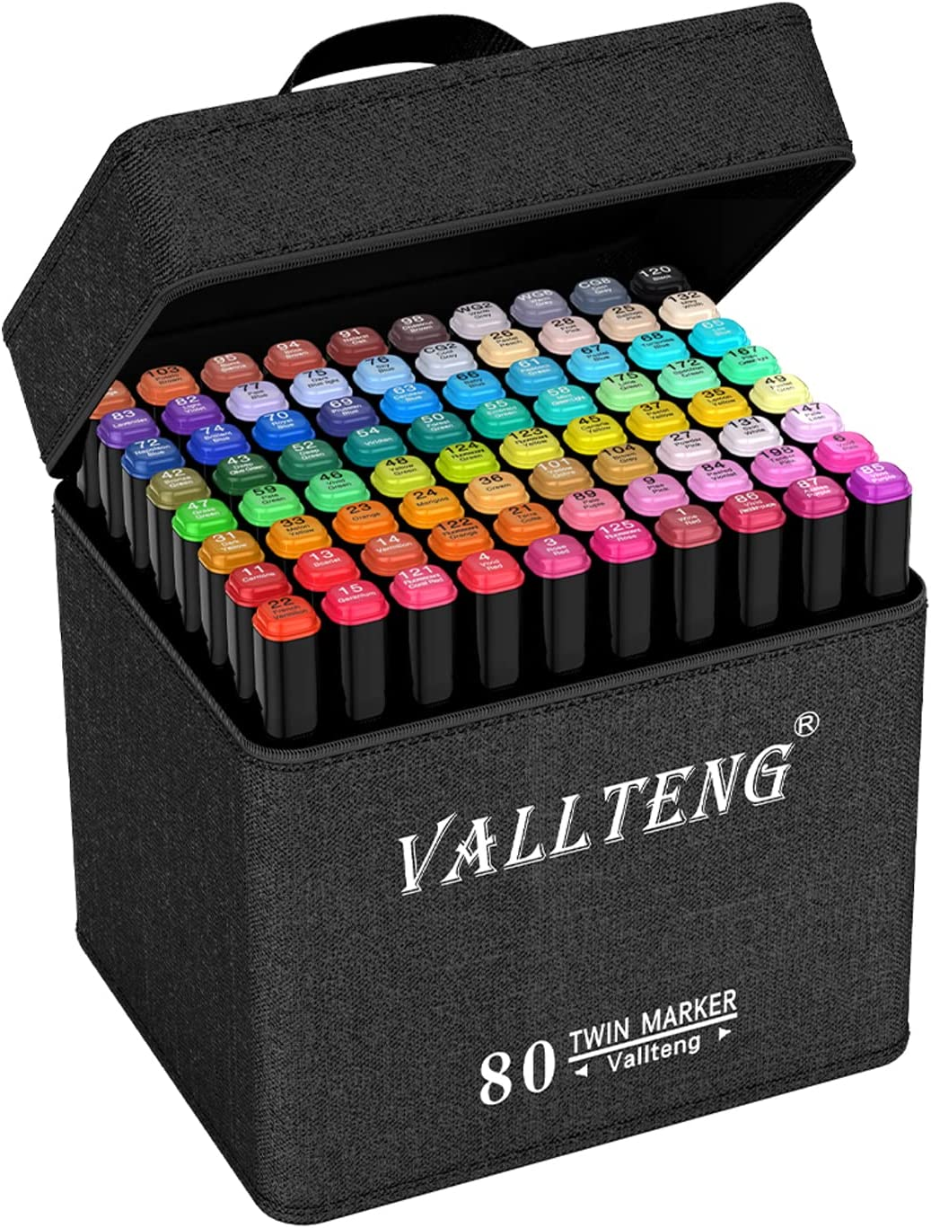 Vallteng 80 Colours Permanent Art Markers Twin Marker Pen Broad Fine Point Black