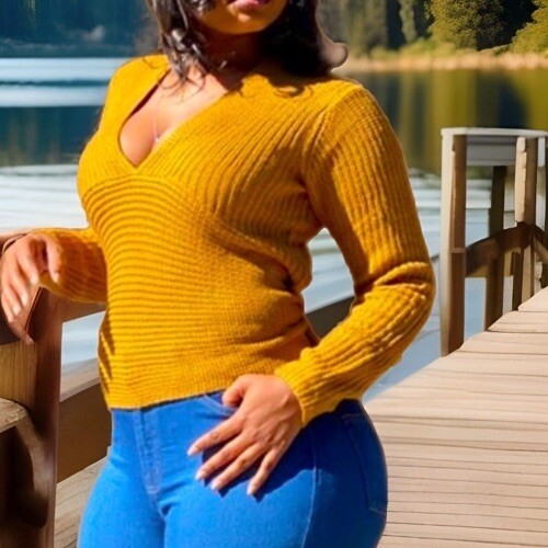 Deep V Neck Long Sleeve Rib Knit Long Pcs That Twist Tie In The Back Sweater - Bild 5 von 6
