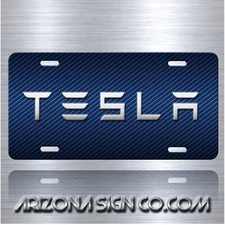 TESLA Inspired Art on Simulated blue Carbon Fiber Aluminum License Plate Tag