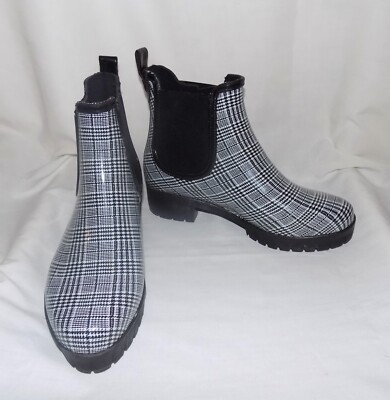 Jeffrey Campbell Blk/Wht Plaid Waterproof Platform Lug Sole Chelsea Rain  Boots