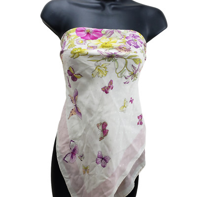 S DEL LAGO Scarf Large Silk Spring Colors Butterflies Floral 33/34'' Square Wrap