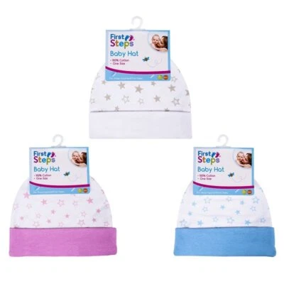 FIRST STEPS Baby Hat Newborn Hat Beanie Babies Cotton Pink Blue White Boy Girl Baby Gift