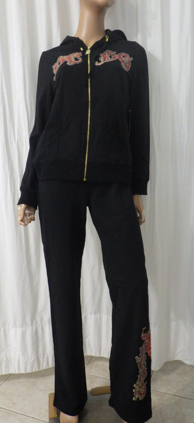 NWT BCBG sz MED (Bust36) 95% cotton BLACK & RED PEACOCK DESIGN 2PC TRACKSUIT
