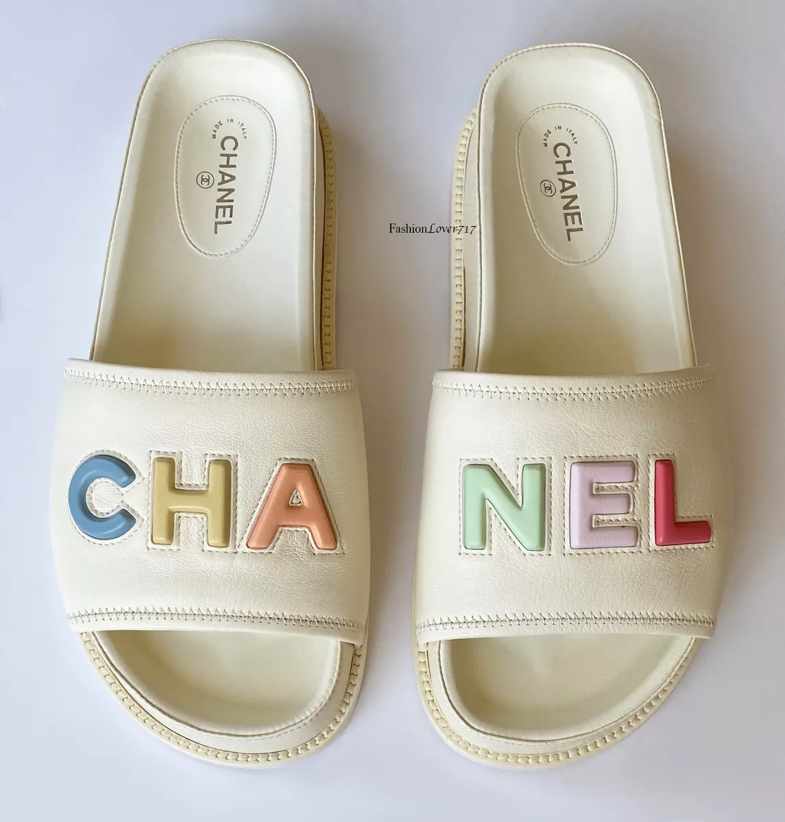 NIB 22S CHANEL LAMBSKIN LEATHER IVORY MULTICOLOR SLIDES FLATS MULES 39