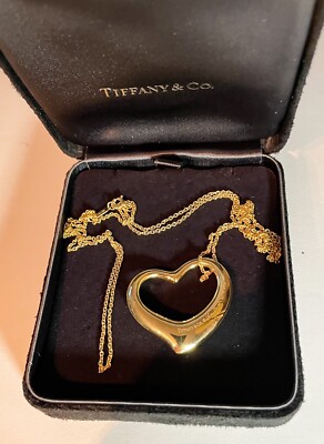 Tiffany & Co Elsa Peretti Open Heart Pendant Cable Chain Necklace 18k Gold 30 