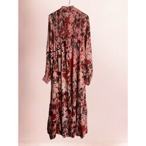 H&M Pink Red Floral Long Maxi Kaftan Dress Size 12 Smocked Smoked Upper Shoulder - Picture 14 of 20