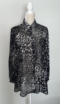 Cabi Oversized Long Sleeve Sheer Top Button Blouse Shirt Black Animal Print S