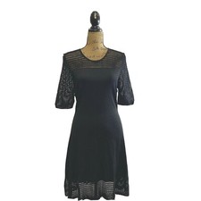 Nanette Lepore Dress L P Black Knit See Through Mesh A Line Stretch LBD Party LN