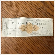 Provident Life Trust Co Check 1875 Philadelphia PA Perrin Reynolds Document