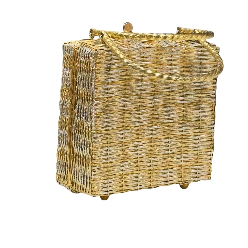 Bolso de mano de noche vintage de metal tejido dorado estilo canasta estructurada Foto 4 de 4