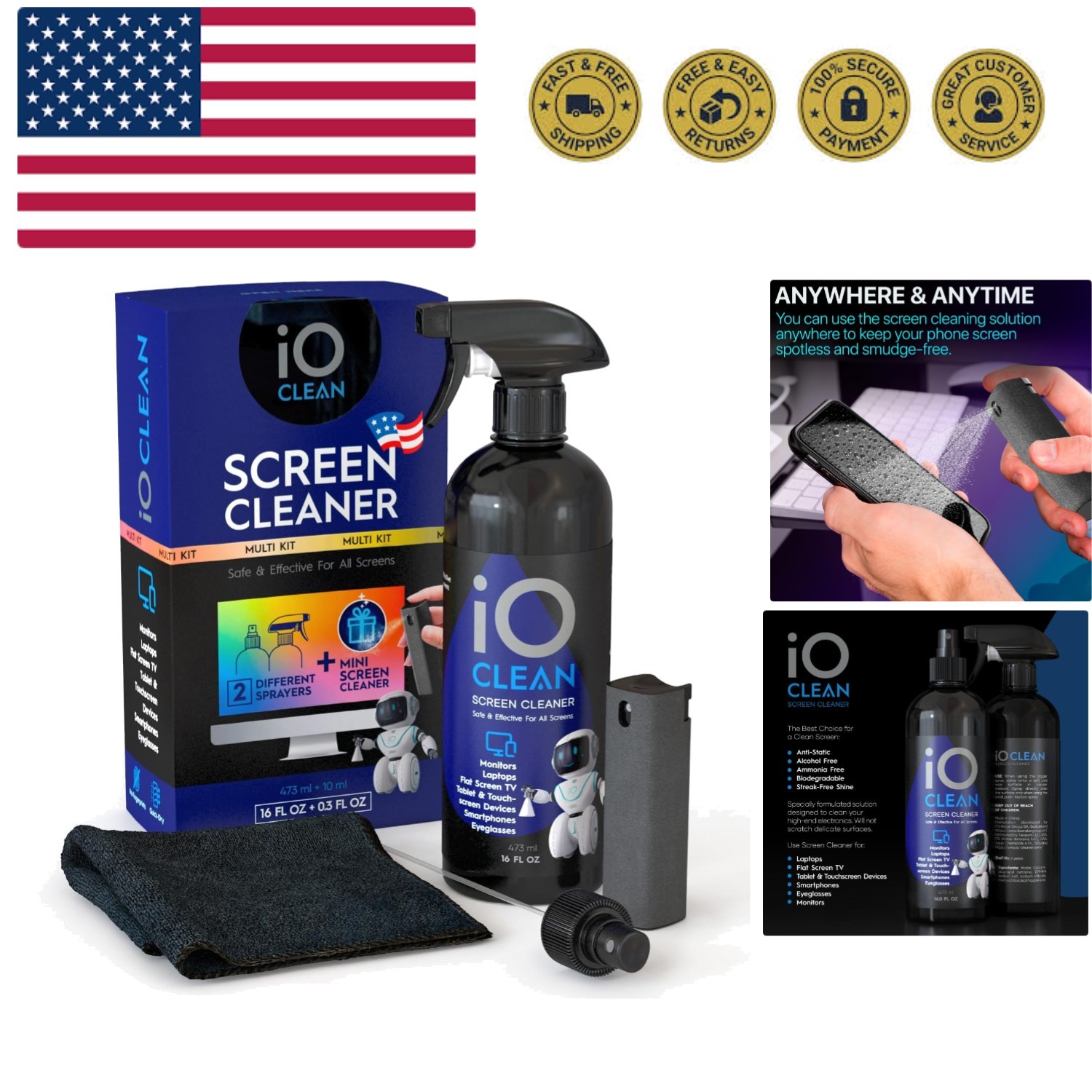 Screen Cleaner Spray 16oz + mini Cleaner – Best Large Cleaning Kit for LCD LE...