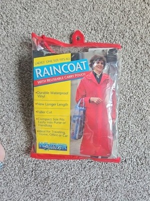 VTG Ladies' Hooded RainCoat W Storage Pouch One Size Black full length  NEW