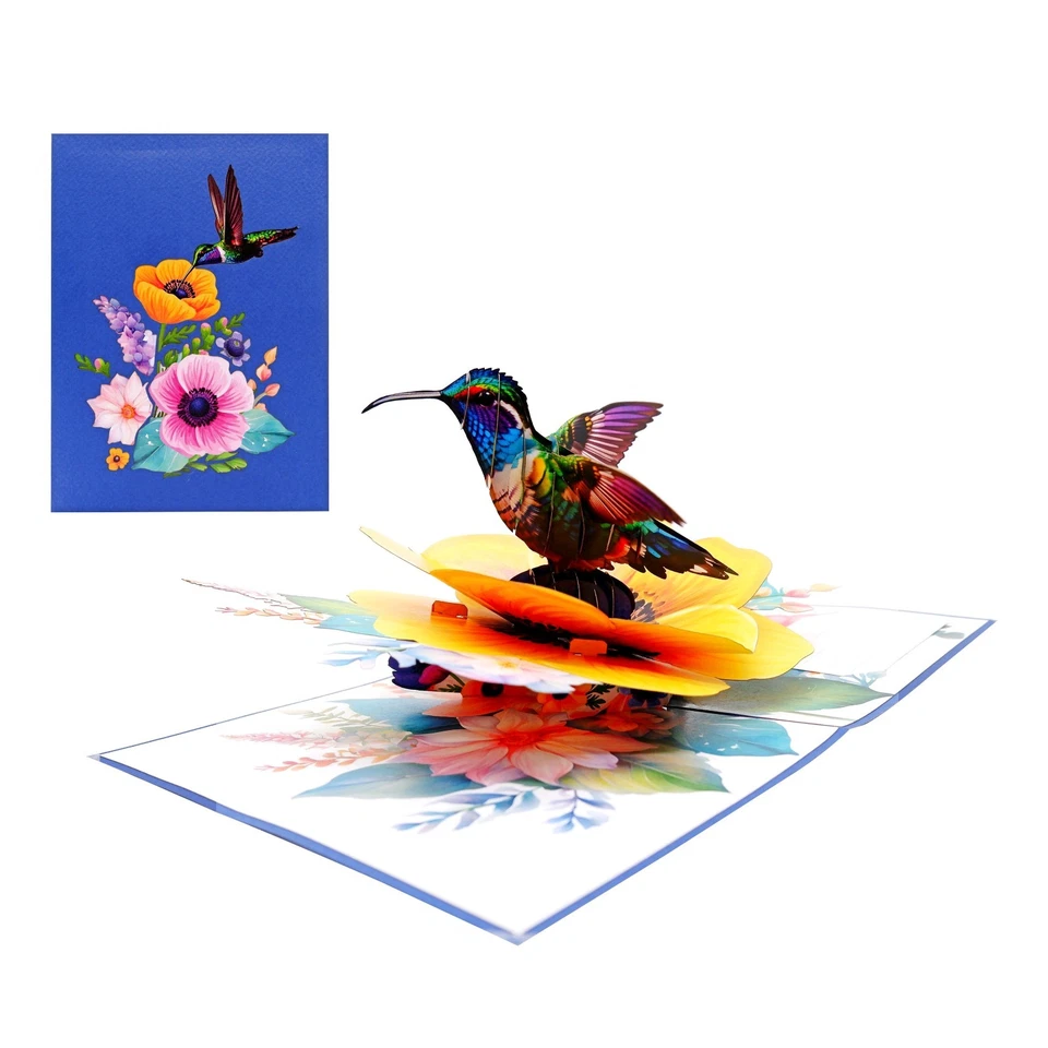 3D Pop Up Greeting Card Hummingbird Flower Floral  Birthday Get well Thank you - Image 2 of 4