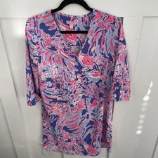 Lilly Pulitzer Arielle Tunic Dress-Small-Shrimply Chic Print-Purple/Pink- 3/4 Sl
