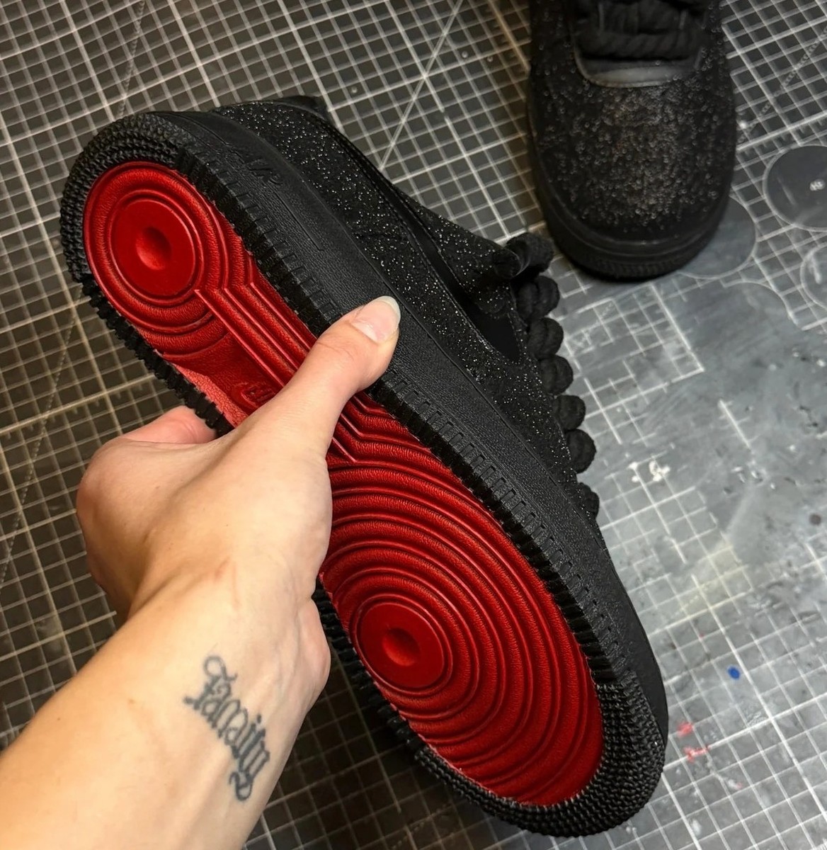 Black Glitter Custom Air Force 1 with Chunky Rope Laces and Red