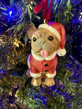 French Bulldog  Fawn Frenchie Christmas Tree Ornament  Red Santa Hat & Jacket