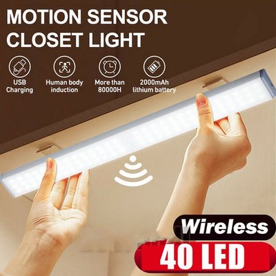 LED Motion Sensor Under Cabinet Closet Light USB Rechargeable Kitchen Strip Lamp