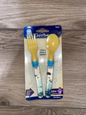 Vintage 2004 Gerber Glitter Fork & Spoon Set Yellow Blue NOS NEW
