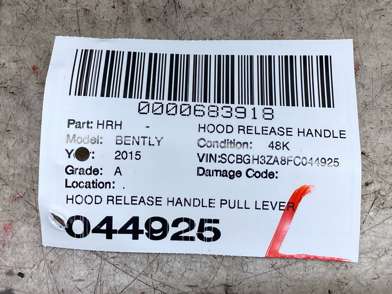 2015 BENTLEY CONTINENTAL HOOD RELEASE HANDLE PULL LEVER 3W0823533A OEM