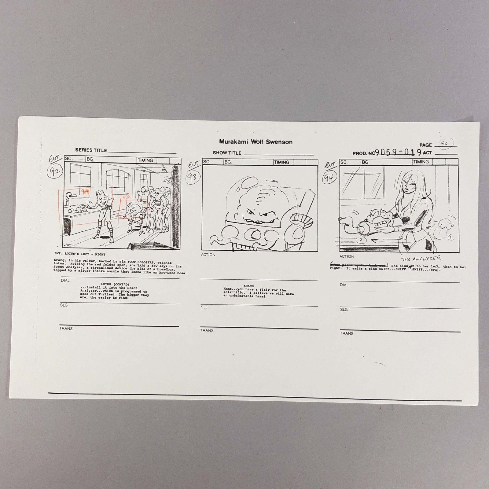 TMNT Production Used Storyboard Lotus Programs Scent Analyzer, COA Cartoon