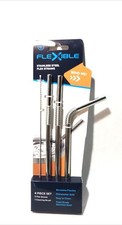 Flexible Stainless Steel Straws Set of 3 with Cleaning Brush Silver Metal