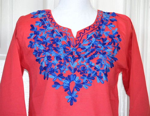 Blau bestickt rot Farbe Long Baumwolle Tunika Top Kurti aus Indien!! - Bild 4 von 5