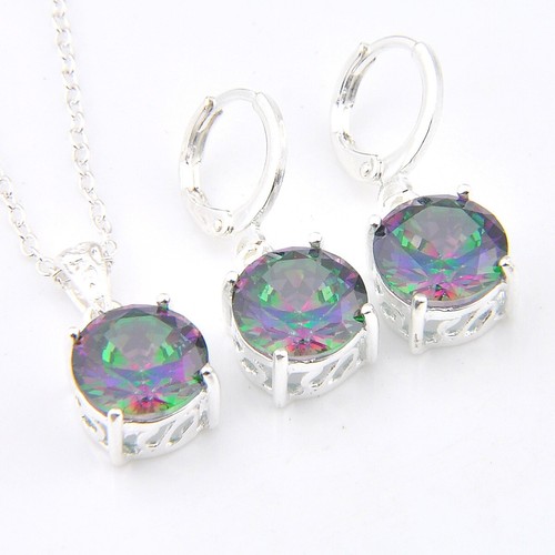 Fire Round Mystic Topaz Gems Silver Dangle Earrings Pendant Necklace Jewelry Set - Picture 2 of 11