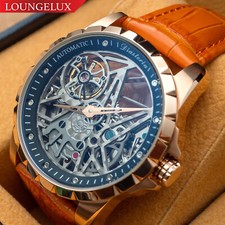 Reloj mecánico automático para hombre oro rosa esfera negra correa de cuero naranja