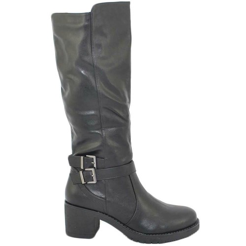 Stivali donna biker neri fibbia al ginocchio aderenti con zip fondo gomma  comfor | eBay