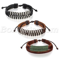 Fashion Retro Tribal Cotton Multilayer Twisted Leather Adjustable Bracelet Cuff