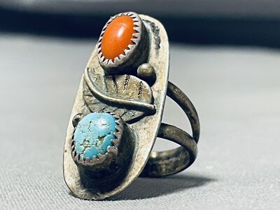 AUTHENTIC VINTAGE NAVAJO BLUE GEM TURQUOISE CORAL STERLING SILVER