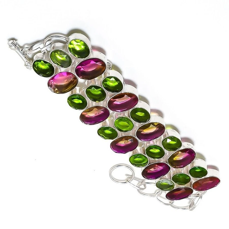 Bi-Color Tourmaline Gemstone 925 Sterling Silver Handmade Jewelry Bracelet 8" - Image 3 of 4