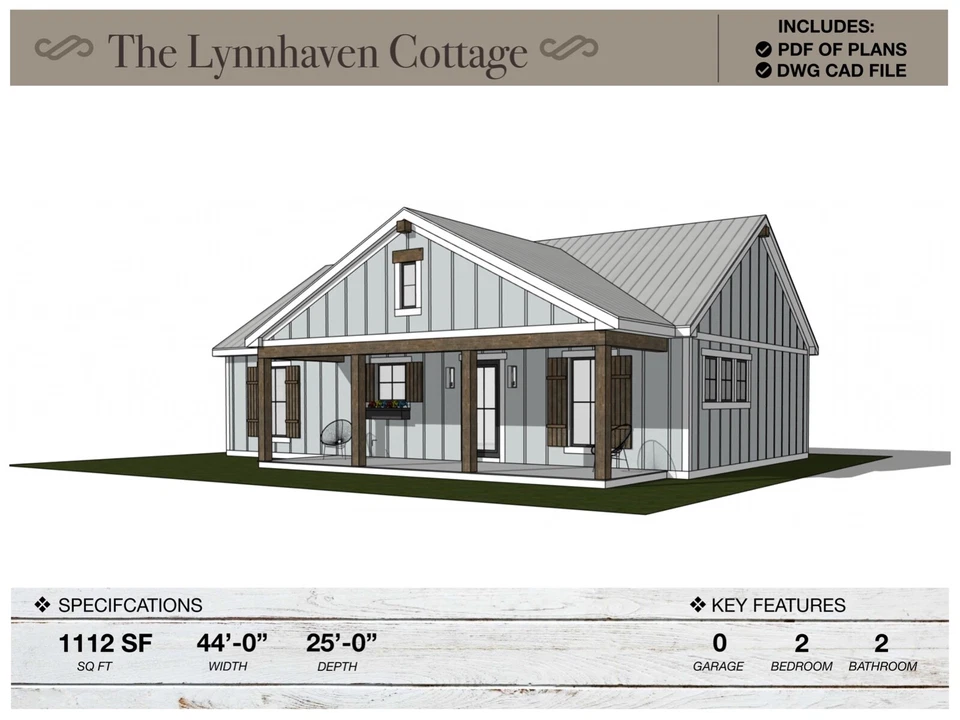 1,112 SQ FT Cabin, 44'-0" X 25'-0", Floor Plans, Architectural Plans, House Plan - Image 4 of 4