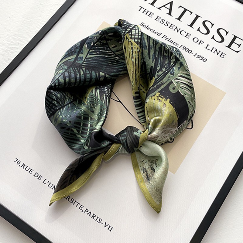 100% Silk Square Scarf for Women - Green Geometric Print Bandana 53cm