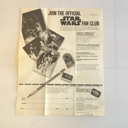 1980 Vintage Star Wars Official Fan Club Membership Paperwork