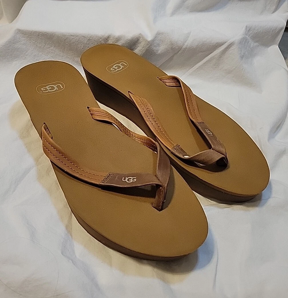 Ugg sandali rubino perizoma taglia 10 donna caramello 2" zeppa pelle infradito