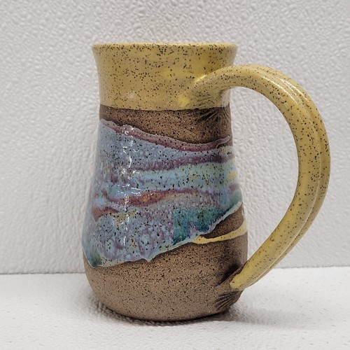 Handmade Glazed Stoneware Coffee Mug Cup Green Blue Brown Signed - Picture 2 of 10