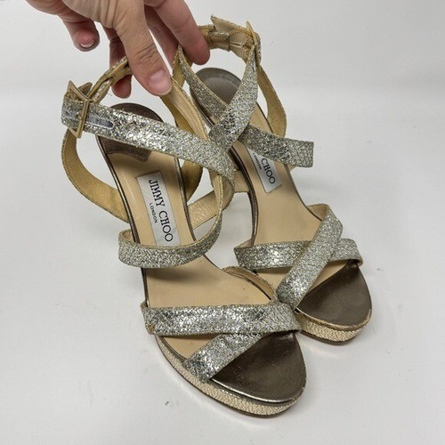 Jimmy Choo Metallic Gold Glitter Vamp Platform Strappy Sandals, size 38.5 - Picture 2 of 10