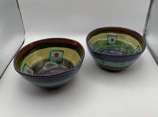 2 Art Pottery Bowls. Terracotta Signed Colorful