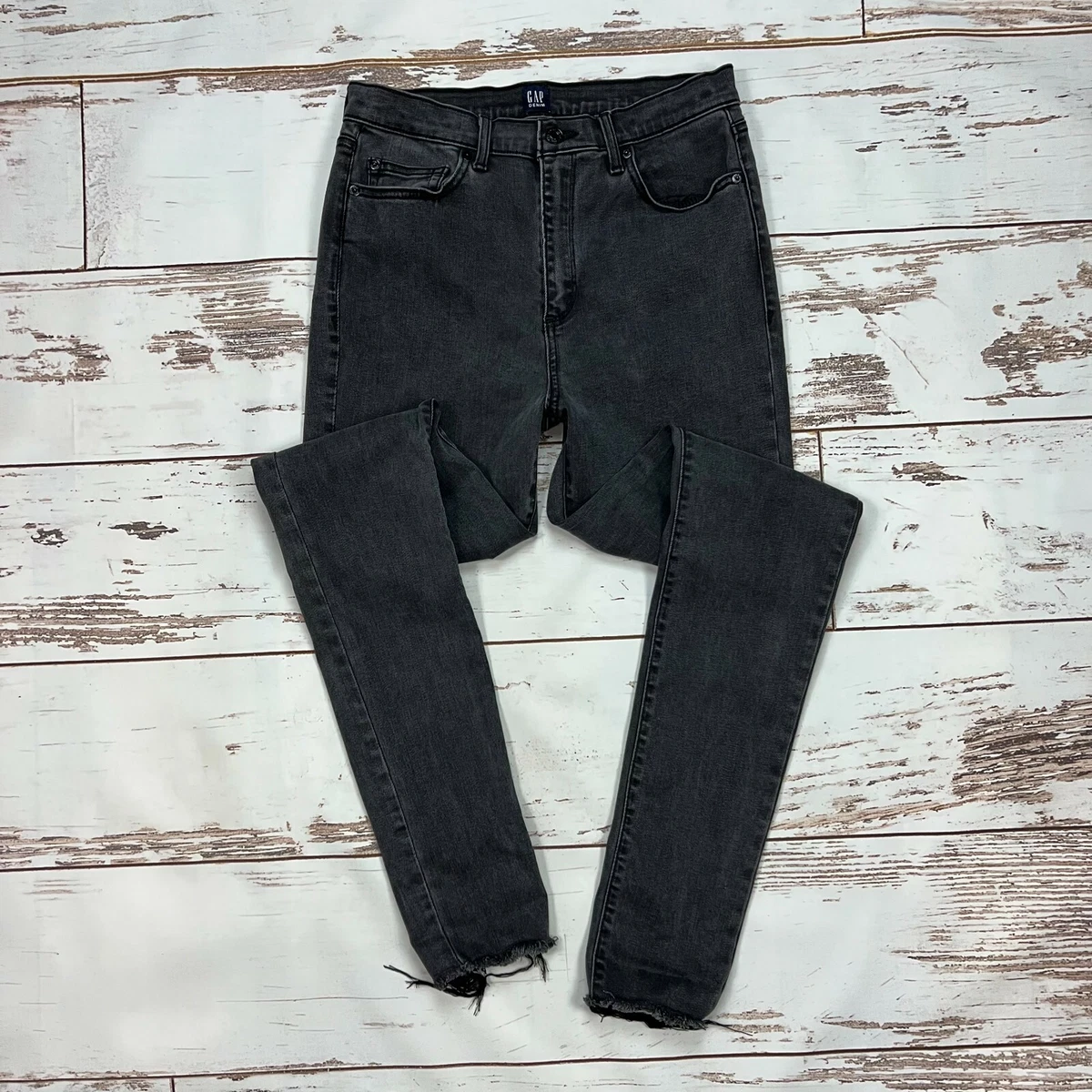 GAP Soft True Skinny Jeans Size 30 Tall Black Wash High Rise Raw Hems 355841