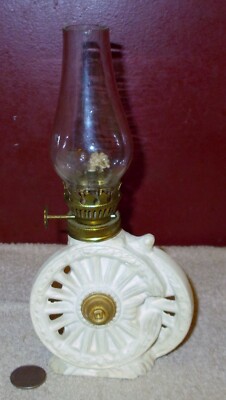 Vintage Japan Chalk Plaster Ware OIL LAMP Small WAGON CHARIOT WHEEL Mini  ^