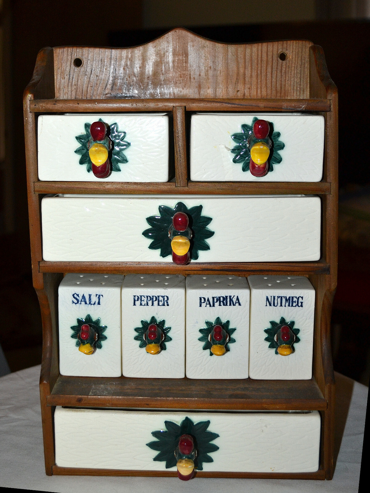 VINTAGE MID-CENTURY ROOSTER PULLS, WOOD WALL SPICE RACK, CERAMIC DRAWERS~SHAKERS