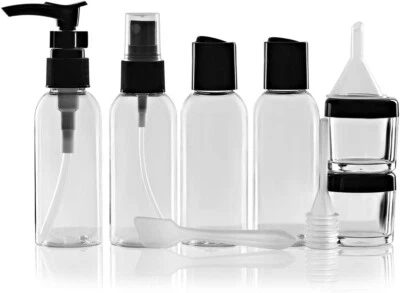 9 Piece Travel Bottle Set Perfect for airport Travel, Holidays, Swimming Camping