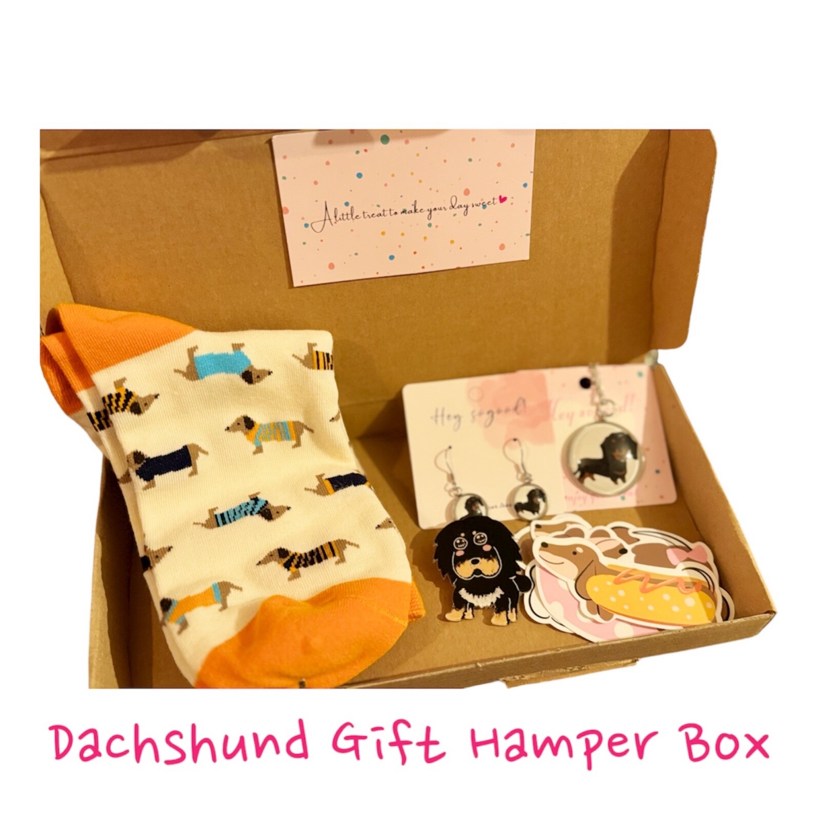 Dachshund Salchicha Perro Amante Mamá Regalo Navidad Cesta Caja Pendientes Calcetines Prendedor