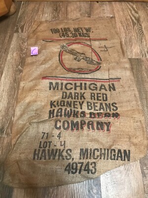 Vintage Michigan Dark Red Kidney Beans Hawks  Company burlap empty sack