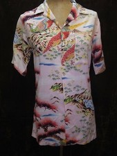 Vintage 1960s Tan Pink Green Yellow Rayon Hawaiian Shirt Hawaiian Madman S