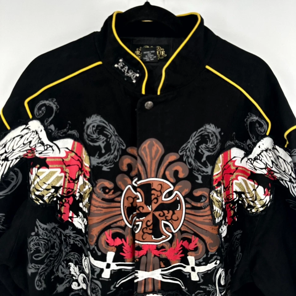 Chaqueta de Bombardero Azul Crudo Hombres XL Multi Espada y Calavera Gráfico Hip Hop Y2K Frente a Presión Foto 4 de 4