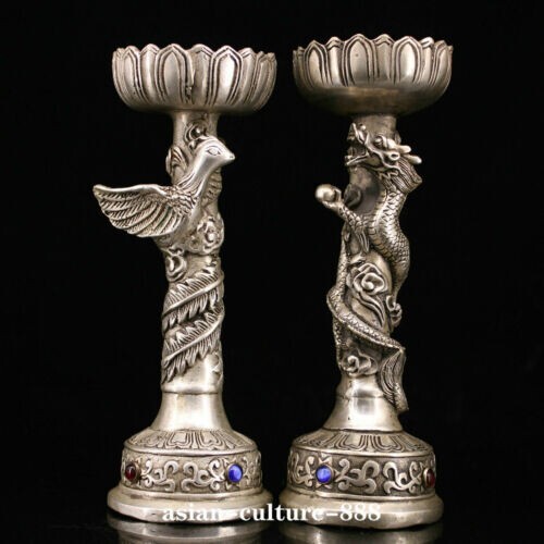 Marked Chinese Miao Silver Gem Dragon & Phoenix Candle Holder Candlestick Pair - Picture 1 of 6