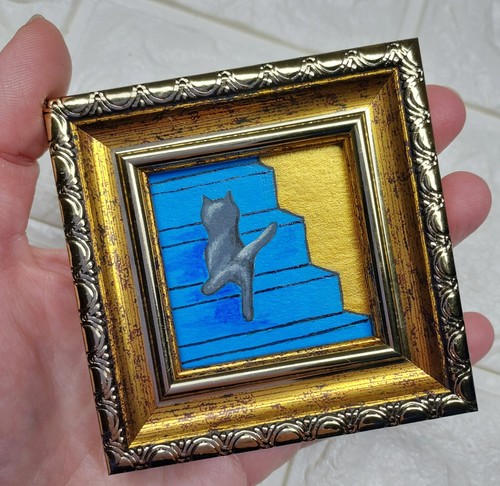 Graue Katze Gemälde Gerahmt Original Kunst Lustiges Kätzchen Handarbeit Kunst Mini Gemälde - Bild 3 von 11